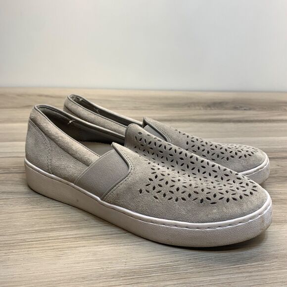 Vionic Slip On Sneakers Gray Laser Cut Perforated Suede Shoes Flat Womens Size 7 - Picture 1 of 10